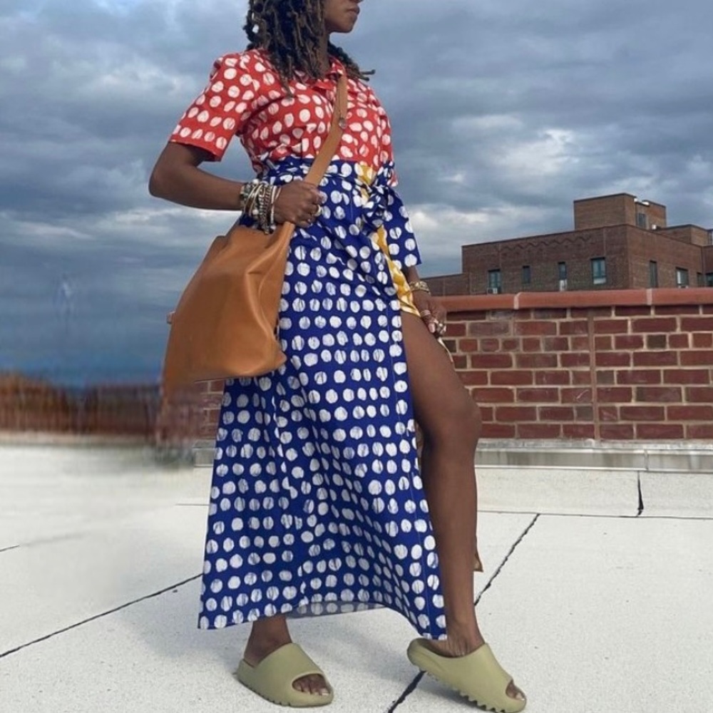 Busayo Collective Color-block Dot Shirt Maxi Dress Button Short Sleeve - Size 4 - Picture 4 of 14